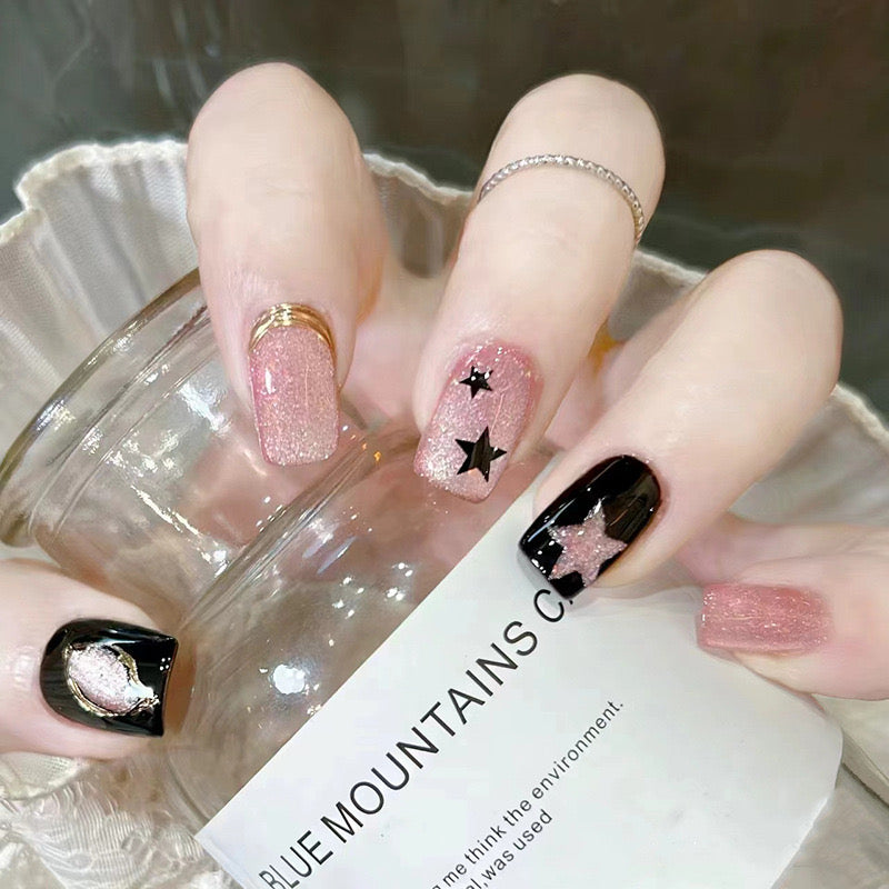 現貨嚴選穿戴甲 24H出貨 酷甜貓眼黑色星星中長梯甲