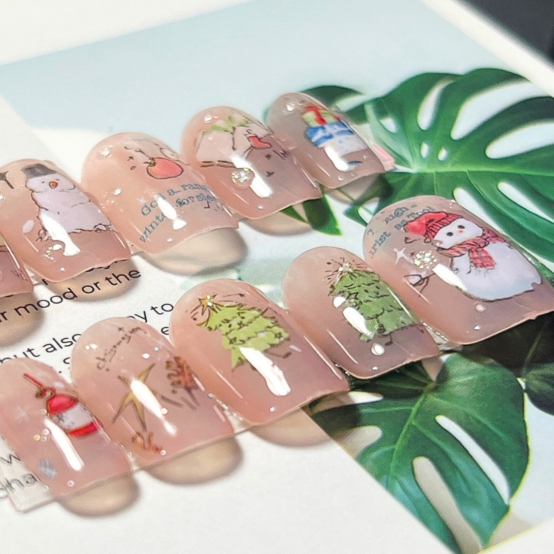現貨S 美甲師手作穿戴甲 手繪風聖誕美甲 超短梯 適合喜歡低調可愛款式的女孩❤️