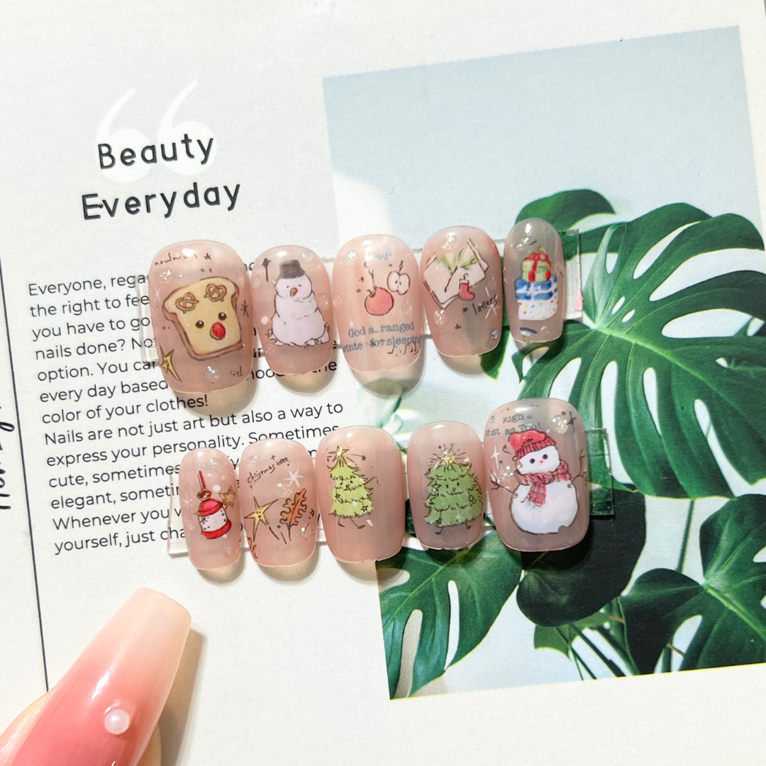 現貨S 美甲師手作穿戴甲 手繪風聖誕美甲 超短梯 適合喜歡低調可愛款式的女孩❤️