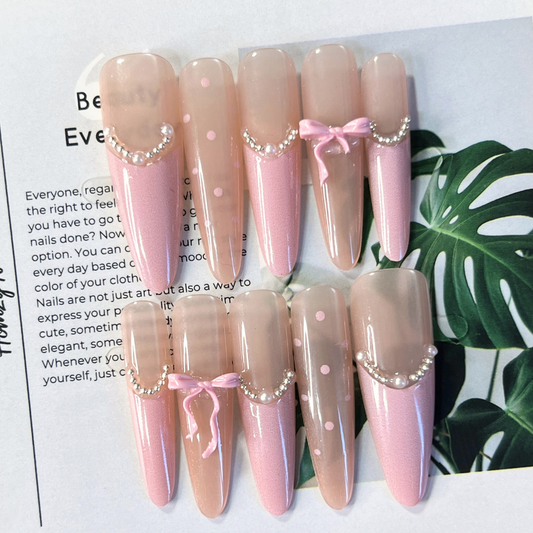 現貨嚴選穿戴甲 蝴蝶結法式芭比粉 長尖甲 喜歡粉紅色芭比風不能錯過它！