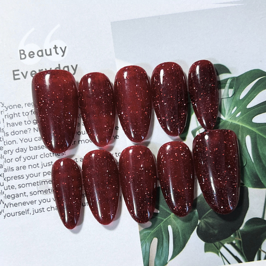 現貨M 美甲師手作穿戴甲 聖誕節到過年都可以用的深紅色 自帶閃耀粉 經典日式杏仁甲❤️