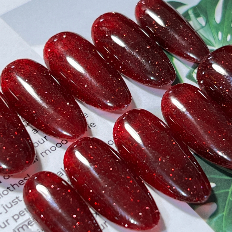 現貨M 美甲師手作穿戴甲 聖誕節到過年都可以用的深紅色 自帶閃耀粉 經典日式杏仁甲❤️