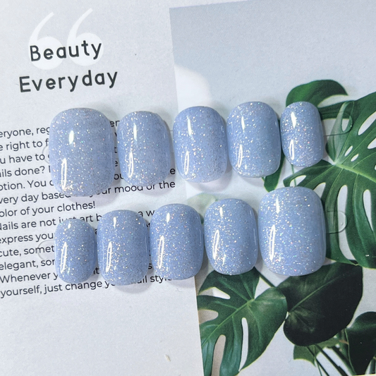 現貨S 美甲師手作穿戴甲 冰雪女王的藍色碎鑽❄️ 短圓款讓你日常使用方便❤️