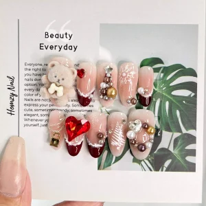 現貨M號 手作訂製穿戴甲 熊熊飾品聖誕紅法式長橢甲