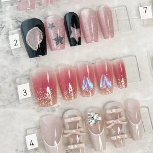 現貨嚴選穿戴甲 24H出貨 漸層亮粉鑽鑽中長梯甲