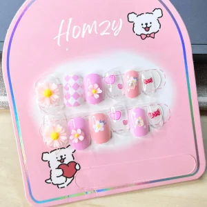 現貨嚴選 兒童穿戴甲 可愛格子粉色小雛菊 適合國小左右的指甲