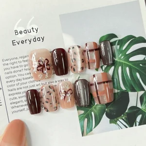 現貨嚴選穿戴甲 深紅貓眼格子豹紋點短梯甲