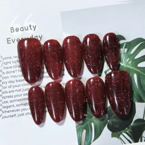 美甲師手作穿戴甲 顯白深紅自帶閃耀粉 經典日式杏仁甲❤️