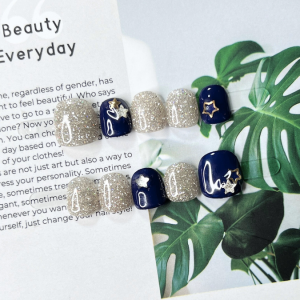 現貨S 兒童穿戴甲 美甲師手作 閃亮銀粉+顯白深藍